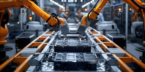 Closeup of electric vehicle battery cell assembly line in mass production. Concept Electric Vehicle Technology, Battery Production, Automotive Innovation, Industry Trends