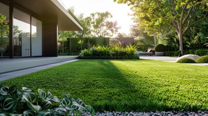New Artificial or synthetic grass Installed Near Walkway. Ground Perspective of Artificial Grass Installation.Modern home with wooden edged artificial grass. Generative ai