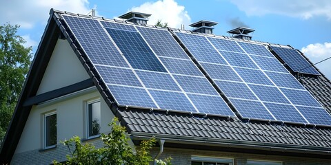 Fototapeta premium Solar panels on house roof demonstrate use of renewable energy for sustainability. Concept Renewable Energy, Solar Panels, Sustainability, Green Technology, Energy Efficiency