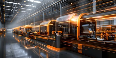 Obraz premium Imagined large lithium battery production plant with advanced machinery technology in hall. Concept Technology in Manufacturing, Lithium Battery Production, Advanced Machinery, Industrial Automation