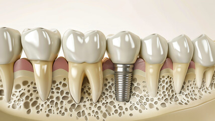 Close up of photography of dental crown and implant on white background. 3d rendering