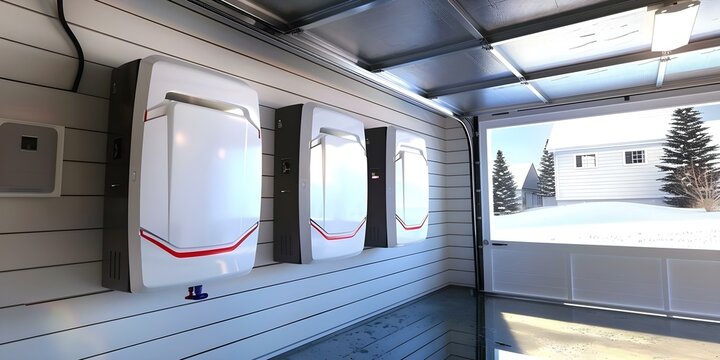 Green living with efficient garage wall battery packs for energy backup. Concept Green Living, Energy Efficiency, Garage Wall Battery Packs, Renewable Energy, Sustainable Lifestyle