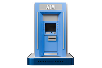 3d ATM Machine with mobile smartphone icon isolated on blue background. Money transfer account online, E-business finance money payment service concept. Minimal 3d ATM money tranfer icon. 3d render.