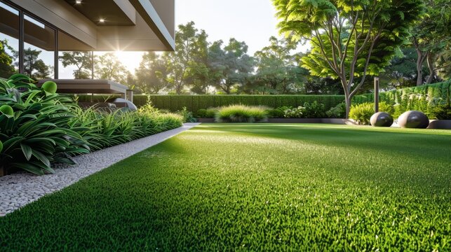 New Artificial or synthetic grass Installed Near Walkway. Ground Perspective of Artificial Grass Installation.Modern home with wooden edged artificial grass. Generative ai