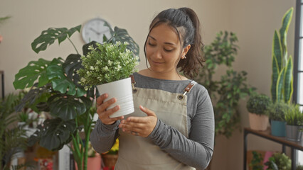 A young hispanic woman admires a potted plant inside a verdant flower shop with various greenery in...