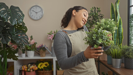 Content hispanic woman admires plants in a cozy indoor flower shop