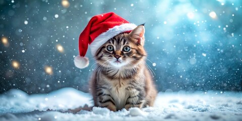 Christmas cat in santa hat on snow background. Winter holidays concept. AI generated