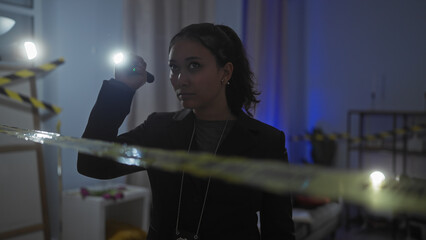 A young hispanic woman investigates a crime scene indoors holding a flashlight, portraying an intense and focused expression.