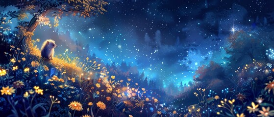 Fototapeta premium Magical Forest Scene with a Lone Hedgehog Under Starry Sky