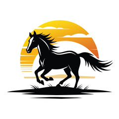 A horse galloping on a beach while a sunset is on the sky vector silhouette on white background
