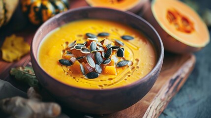 Pumpkin soup with cream sauce, coconut milk and ginger.