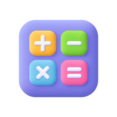 Fototapeta premium Calculator, math device. Addition, subtraction, multiplication. Financial analytics, arithmetic operations and calculations concept. 3d vector icon. Cartoon minimal style.