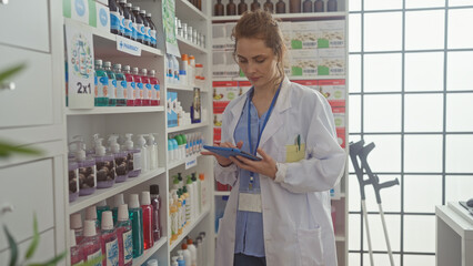 A young caucasian woman pharmacist in a lab coat consults a tablet amidst shelves stocked with...