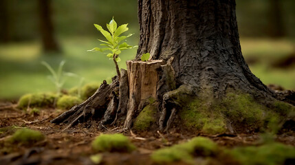 Young tree emerging from old tree stump