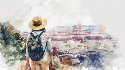 Beautiful watercolor painting of Back view of Tourist woman with hat and backpack on vacation at grand canyon national park.