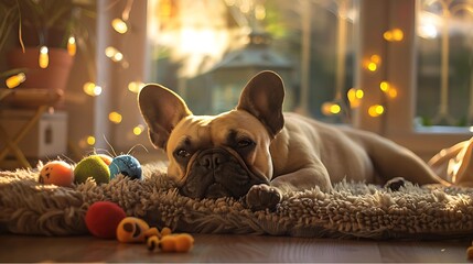 French Bulldog enjoying a peaceful nap surrounded by toys