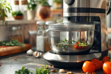 A stainless steel food processor with powerful blades, capable of chopping even the toughest ingredients.