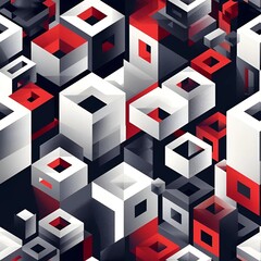  Digital abstract art of an intricate pattern of red, white, and black cubes creating a 3D effect.