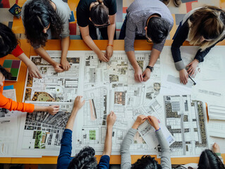 A team of architects collaboratively reviews and modifies large architectural plans spread out on a colorful table.