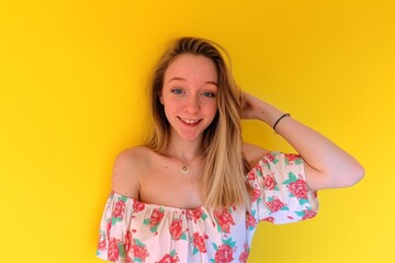 Fototapeta premium Young Woman in Floral Off-Shoulder Top. Generative AI.