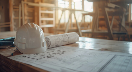 A white safety helmet and rolled-up blueprints sit on a wooden table inside a sunlit construction site, emphasizing project planning.