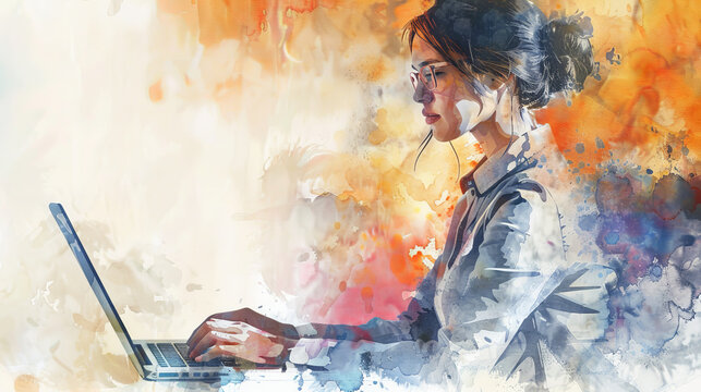 Portrait of beautiful businesswoman  working with laptop. Minimal watercolor painting illustration.