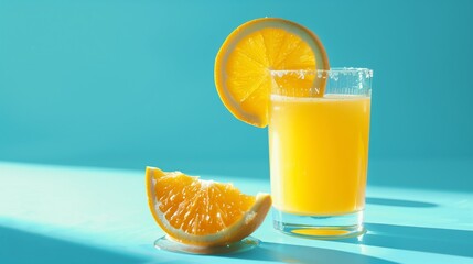 Orange juice with an orange slice against a pastel background.