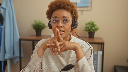 An african american woman working from home with headphones and a smartwatch in a cozy living room...