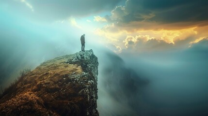 A solitary figure stands on the edge of a steep cliff, gazing out into the distance. The cliff...