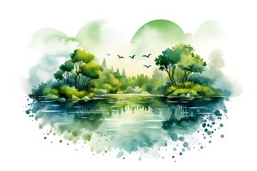 The image is a beautiful watercolor painting of a lake in the middle of a forest