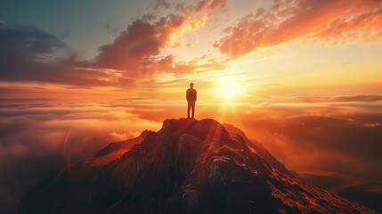 A silhouetted individual stands triumphantly at the peak of a mountain ridge, gazing out over a dramatic landscape. A vast sea of clouds blankets the valley below, rolling dynamically across the terra