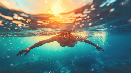 The image shows an underwater view of a swimmer moving dynamically just below the water's surface. The swimmer is wearing goggles and is captured mid-stroke with their arms outstretched and fingers ex