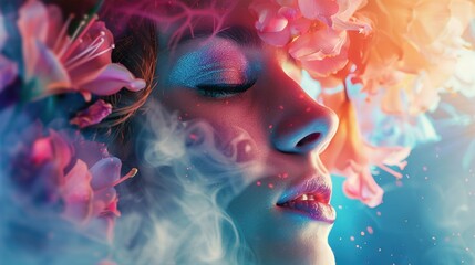 A close-up of a person's face surrounded by soft-focus flowers and a smoky mist resulting in a dreamy, ethereal effect. The individual has striking eye makeup in shades of blue and pink, lush eyelashe