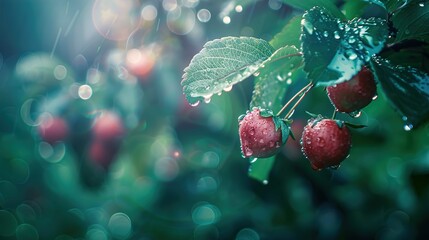 A close-up shot of ripe strawberries hanging from their plant. The berries and surrounding leaves are covered with glistening water droplets, suggesting recent rainfall or dew. The background is fille - Powered by Adobe
