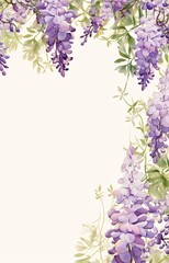 A beautiful watercolor painting of a floral frame with purple wisteria flowers and green leaves on a beige background.