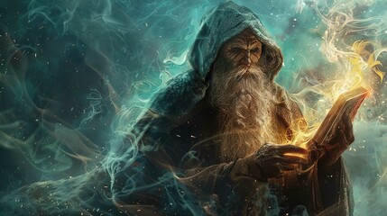 An elderly wizard with a long, full beard and intense gaze is depicted in a mystical setting. He...