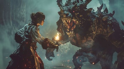 A cinematic scene unfolds featuring a young woman in elaborate, historical attire, holding a flaming torch towards a menacing, large creature that resembles a dragon. The dragon, with glowing red eyes