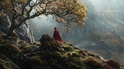 The image portrays a serene landscape with mystical qualities. A person draped in a flowing red cloak stands beneath the outstretched branches of a mature tree adorned with autumn leaves. The tree's t - Powered by Adobe