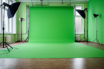 room with wall and spotlights, Step into the world of professional photography with this captivating visual featuring a photo studio room with a vibrant green background