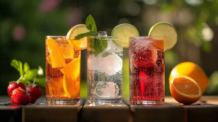 Fototapeta premium Cold carbonated drinks with ice, served in glasses