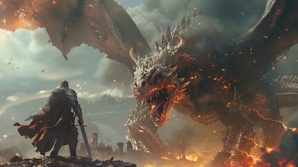 The image depicts a dramatic and fantastical scene where a knight in medieval armor stands facing a gigantic dragon. The knight is positioned in the foreground with his back to the viewer, looking tow