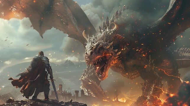 The image depicts a dramatic and fantastical scene where a knight in medieval armor stands facing a gigantic dragon. The knight is positioned in the foreground with his back to the viewer, looking tow