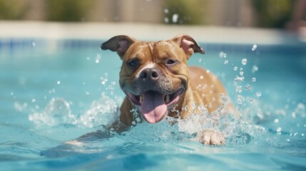 Dog splashing around in a pool, its tongue lolling out happily as it enjoys the cool embrace of the water on a hot day