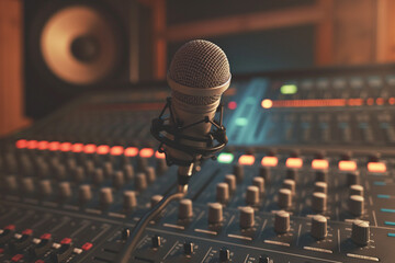 microphone on the stage, Step into the world of sound recording with this captivating visual...