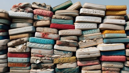 A pile of old colorful mattresses stacked on top of each other