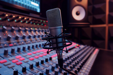 microphone on stage, Step into the world of sound recording with this captivating visual featuring a microphone elegantly poised on digital recording equipment in a professional studio setting