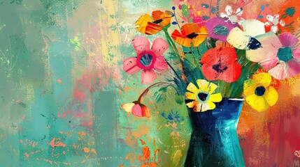 retro style flowers in vase with bright colours contemporary abstract