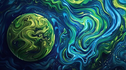 An abstract Earth Day background with swirling green patterns over a deep blue base