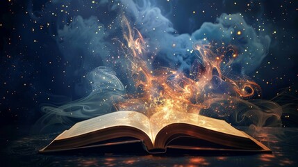 A book is open to a page with a starry sky background