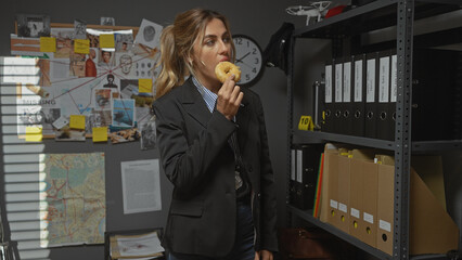 A caucasian woman detective eats a donut in a police station, surrounded by crime investigation...